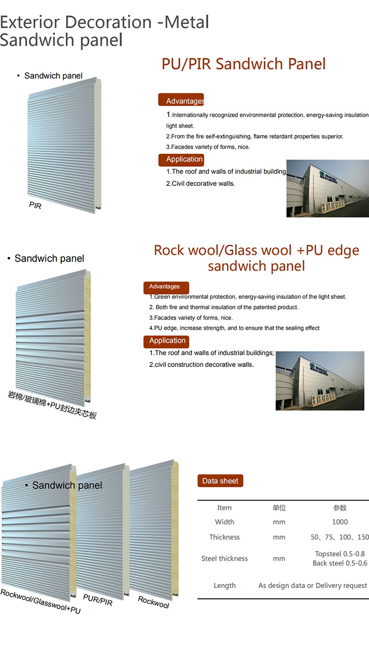 30/40/50mm/75mm/100mm/150mm Fireproof Insulated Soudproof EPS/PU/PIR/PUR/Polyurethane/Rock Wool Sandwich Panels for Roof and Wall Panel with ISO/CE/FM Approved